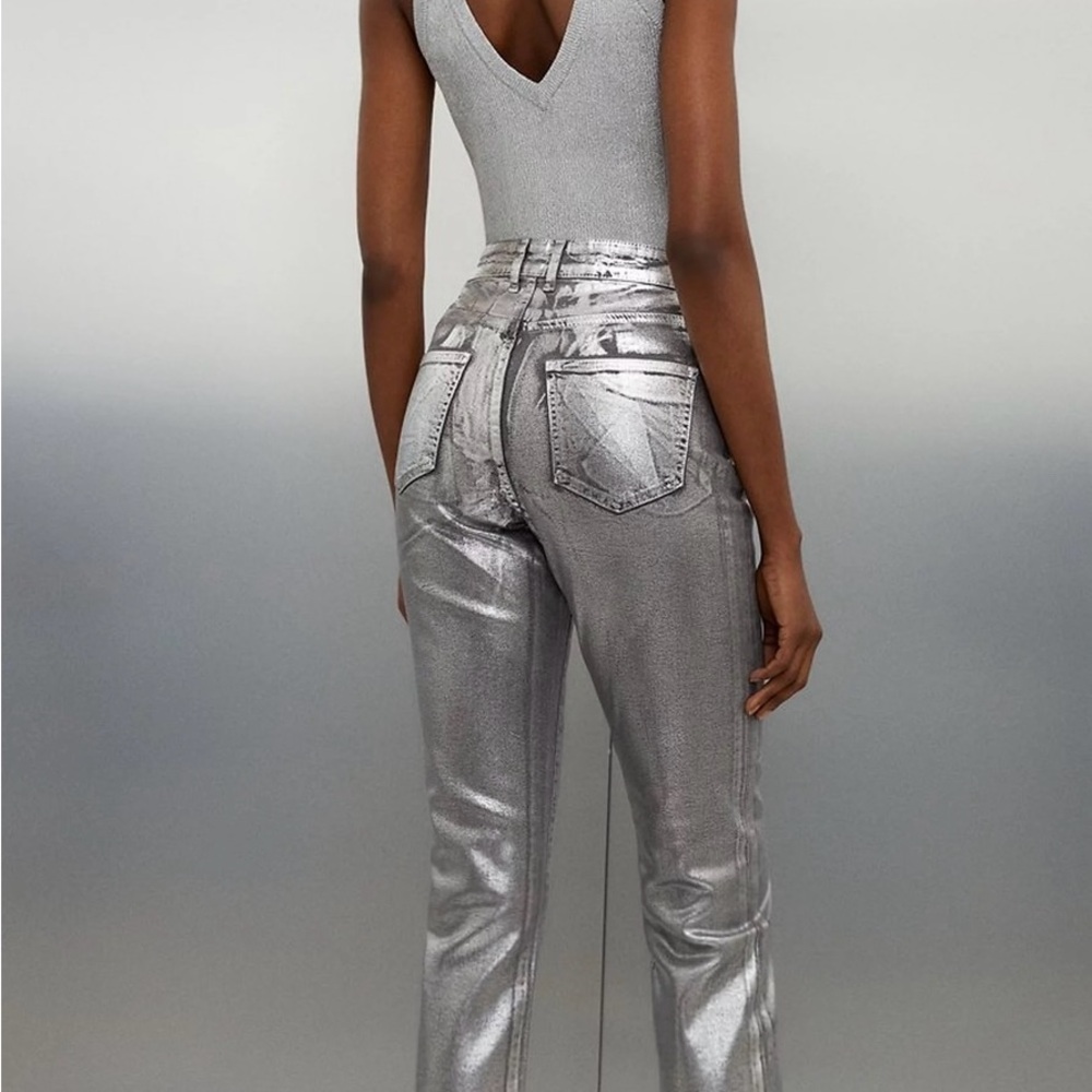 Karen Millen High Rise Slim Leg Silver Foiled Jeans 4